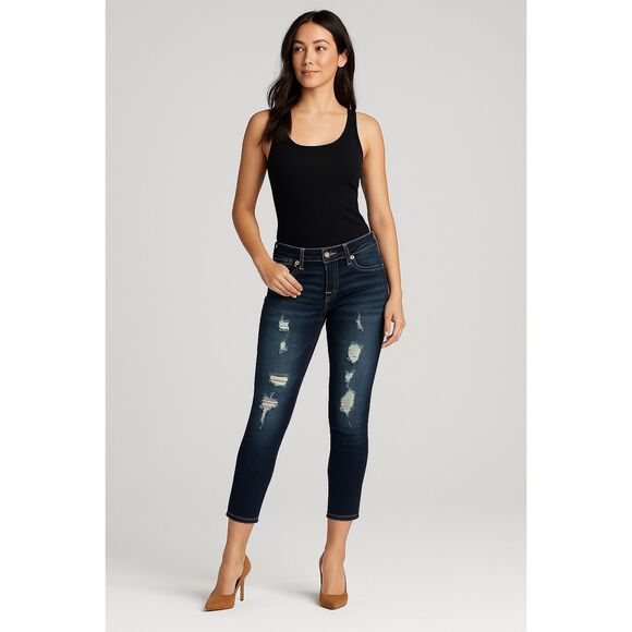 TRUE RELIGION Women’s Jeans Size 27 Blue Halle Mid Rise Capri Distressed Skinny - Picture 1 of 16